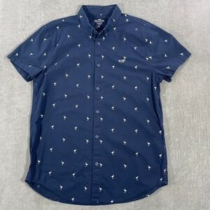 Hollister Mens Medium Navy Flamingo SS Button Up Epic Flex Stretch Shirt
